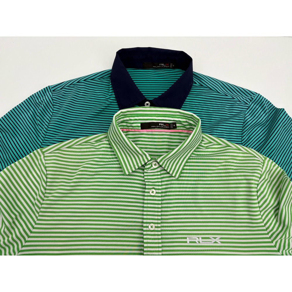 LOT (2) - RLX Ralph Lauren Men's Striped Short Sleeve Golf Polo Shirts, Medium - Picture 2 of 9
